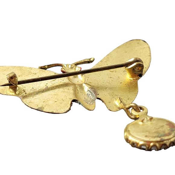 Vintage Butterfly Brooch Pin with Religious Dangling Medallion Charm 1.5" RARE - Picture 7 of 13